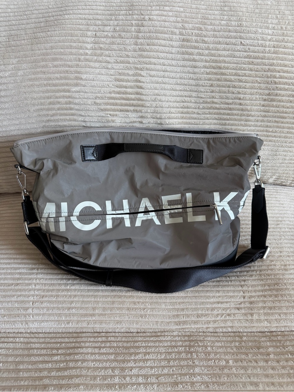 MICHAEL KORS Gray Logo Crossbody Travel Bag/Gym Bag with Iridescent Effect.